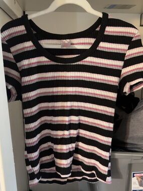 Striped Ribbed Short-Sleeve Top - Black, White & Pink